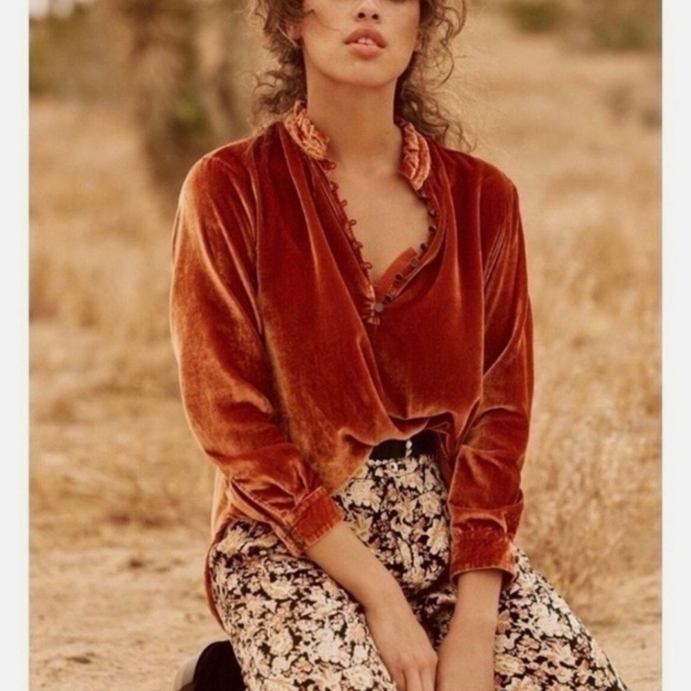 Anthropologie Kristianne Velvet Ruffled High Neck Button Blouse Rust Orange XS